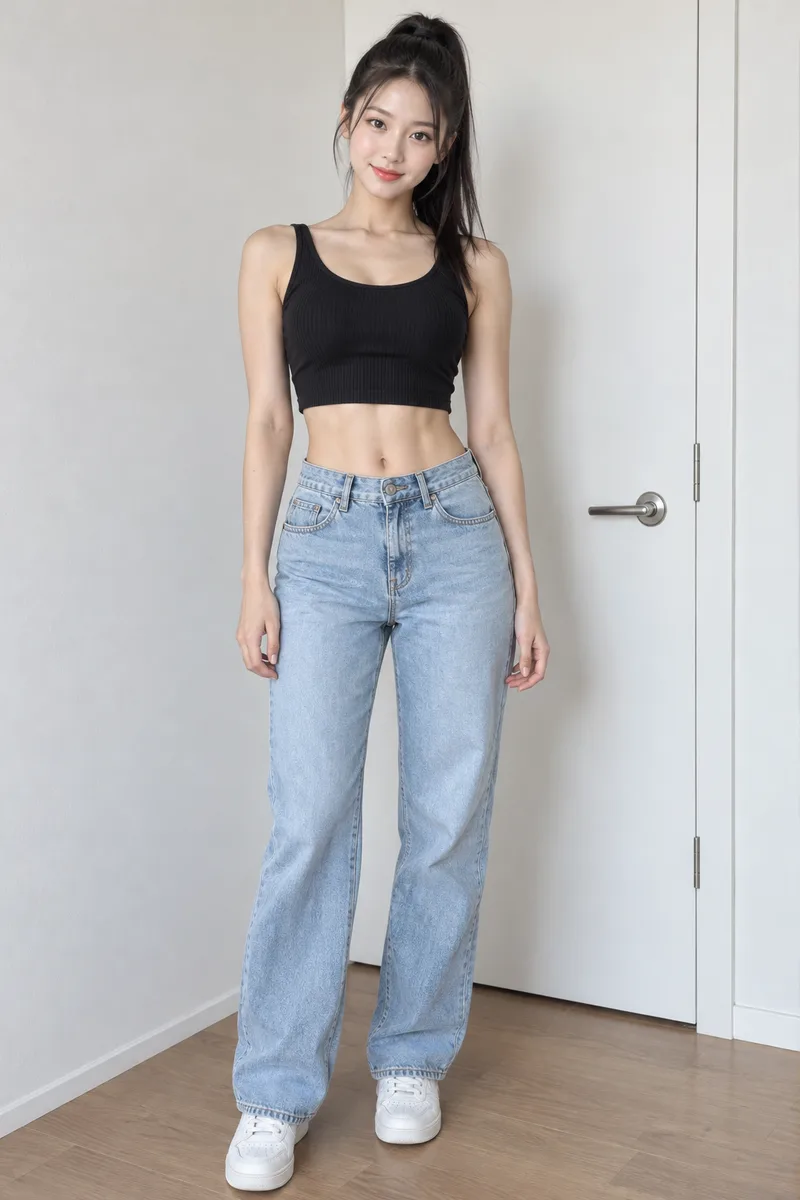 fit body with clearly defined visible abdominal muscles, wearing a black ribbed crop top that shows her toned midriffで生成した例（3枚目）