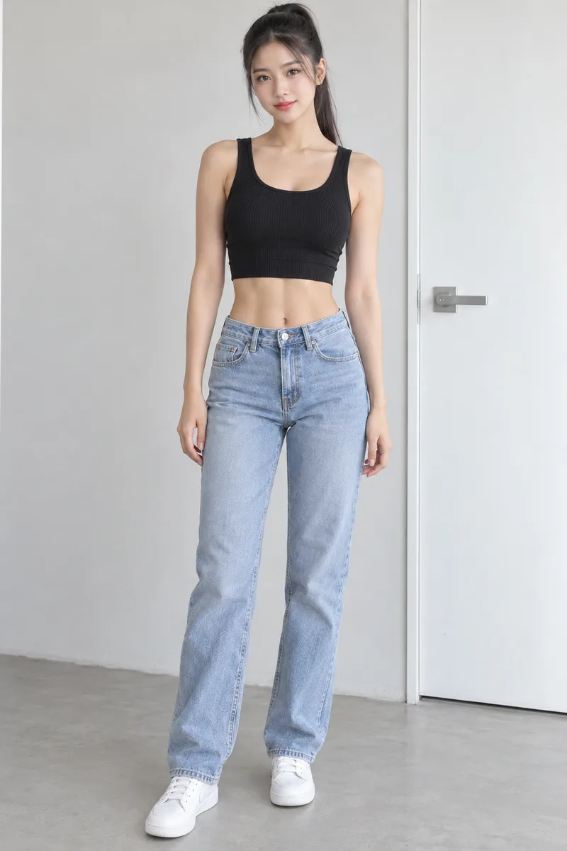 fit body with clearly defined visible abdominal muscles, wearing a black ribbed crop top that shows her toned midriffで生成した例（4枚目）