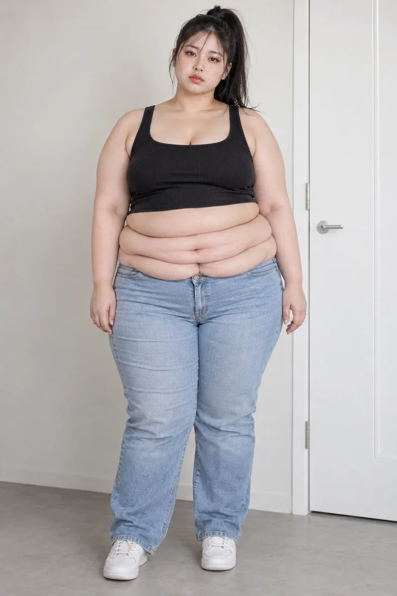 severely obese very heavy body, thick double chin, huge round belly with three rolls of fat hanging over her jeans, very thick arms and legs, looks heavy and tired as if moving is hardで生成した例（2枚目）