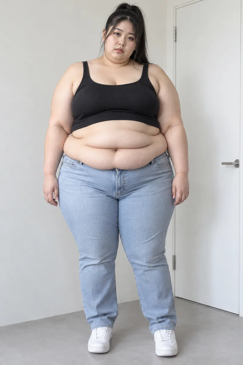 severely obese very heavy body, thick double chin, huge round belly with three rolls of fat hanging over her jeans, very thick arms and legs, looks heavy and tired as if moving is hardで生成した例（3枚目）
