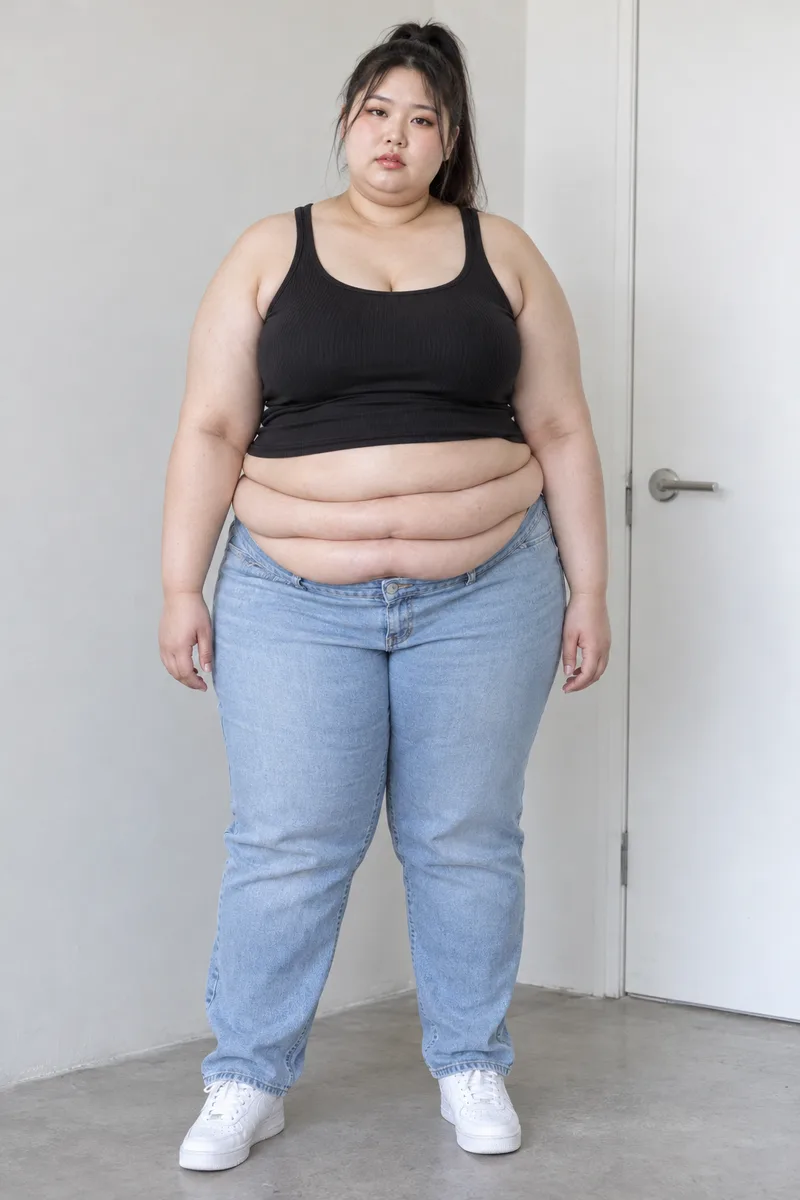 severely obese very heavy body, thick double chin, huge round belly with three rolls of fat hanging over her jeans, very thick arms and legs, looks heavy and tired as if moving is hardで生成した例（4枚目）