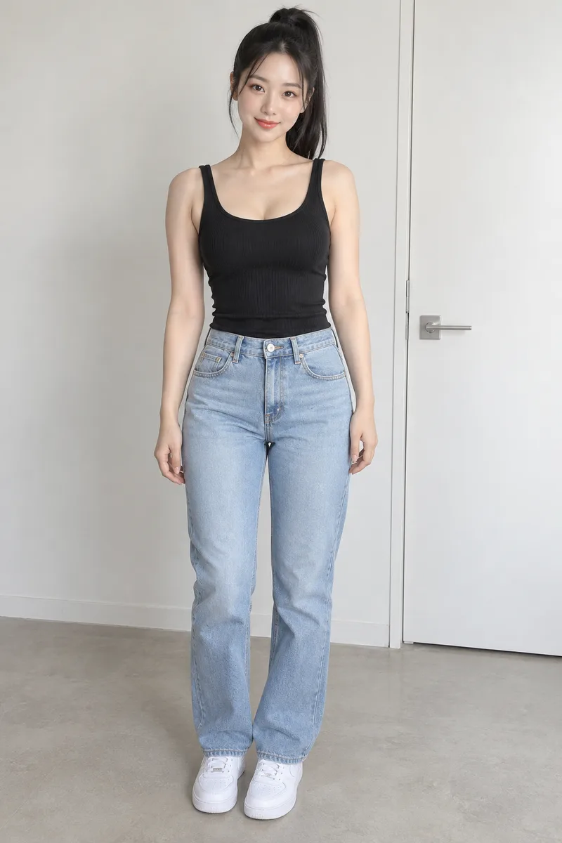 pear-shaped body, narrow shoulders and small bust, noticeably wide hips and full thick thighsで生成した例（2枚目）