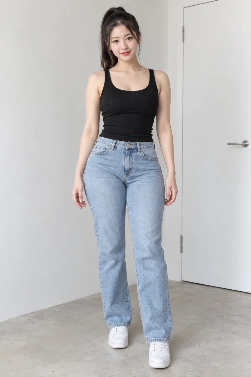 pear-shaped body, narrow shoulders and small bust, noticeably wide hips and full thick thighsで生成した例（3枚目）
