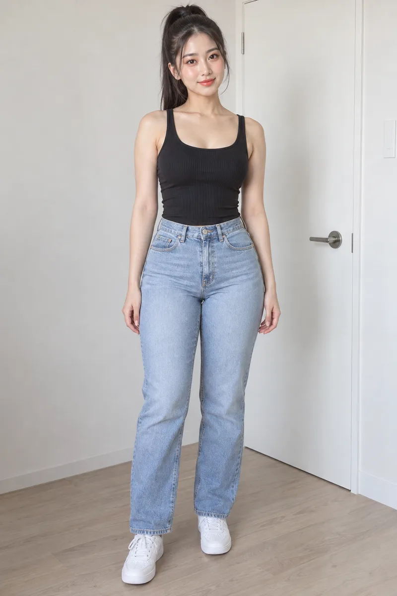 pear-shaped body, narrow shoulders and small bust, noticeably wide hips and full thick thighsで生成した例（4枚目）