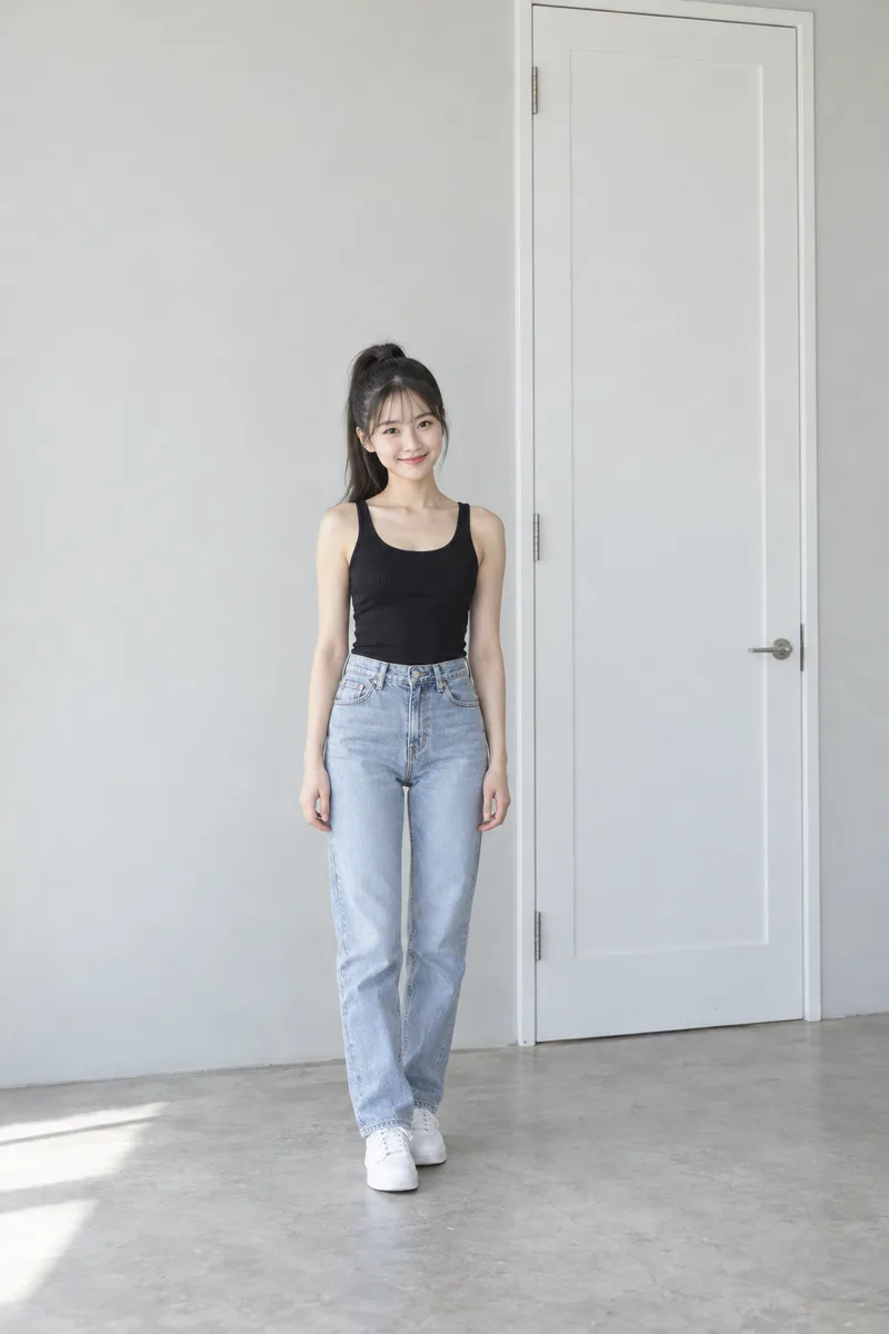 petite, very small and short delicate frame, narrow shoulders, thin arms and slim legs, the top of the door far above her headで生成した例（2枚目）