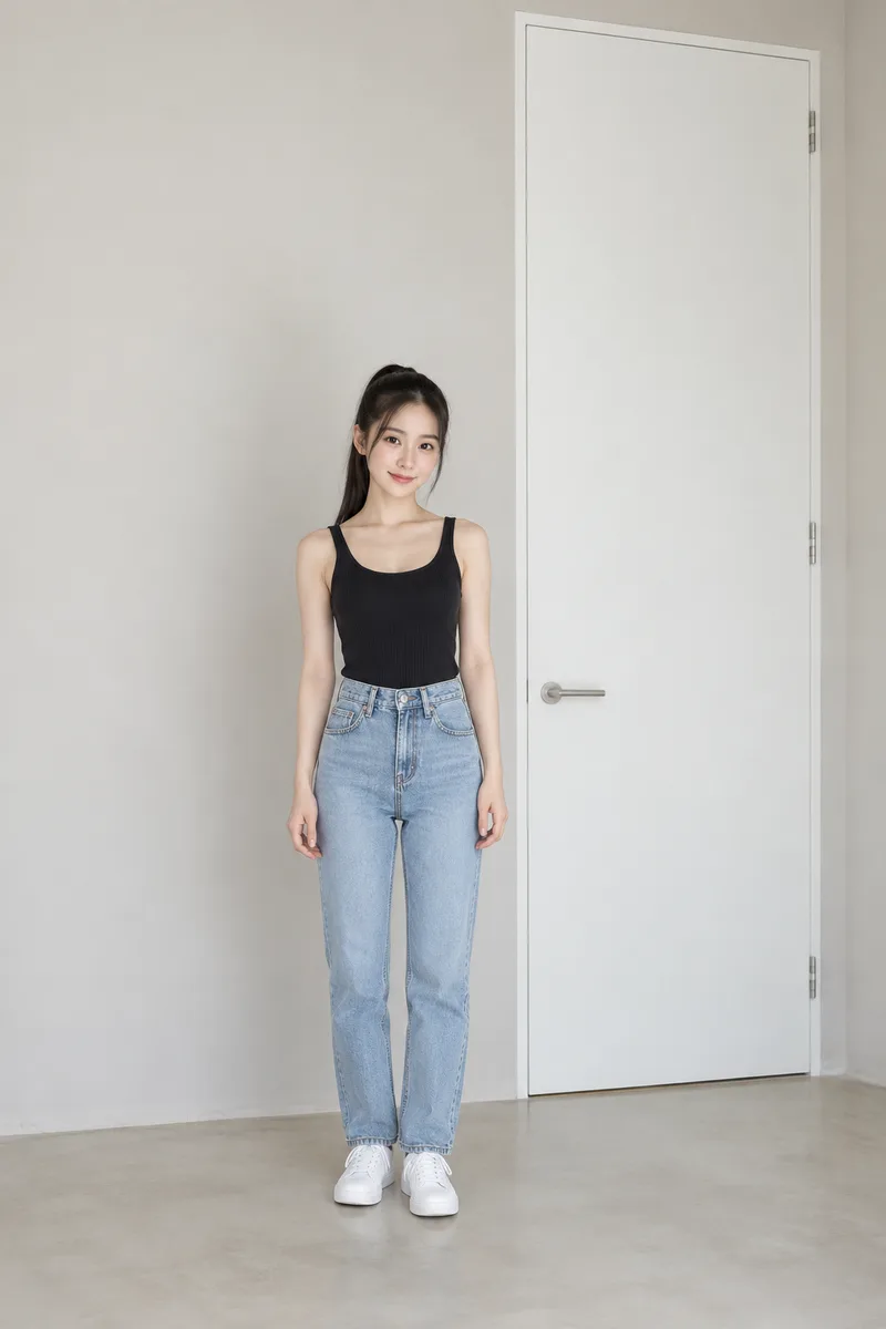 petite, very small and short delicate frame, narrow shoulders, thin arms and slim legs, the top of the door far above her headで生成した例（3枚目）