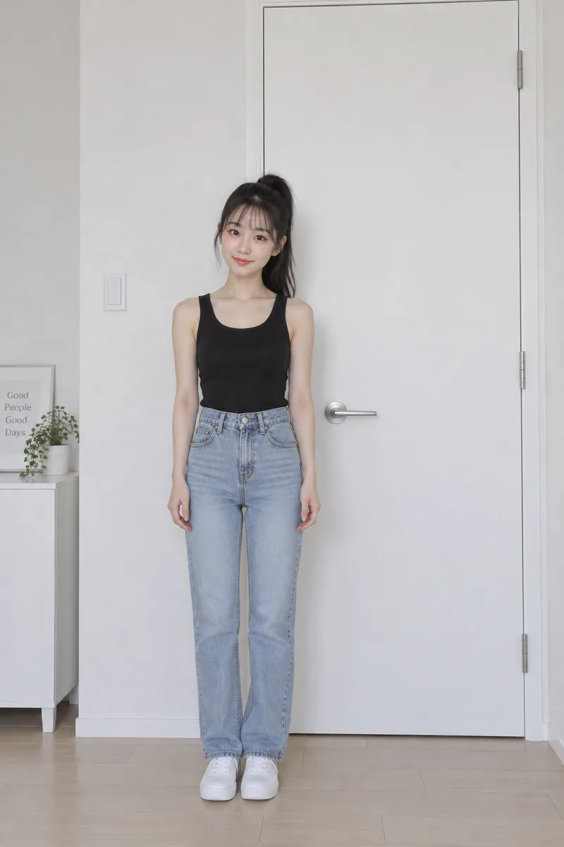 petite, very small and short delicate frame, narrow shoulders, thin arms and slim legs, the top of the door far above her headで生成した例（4枚目）