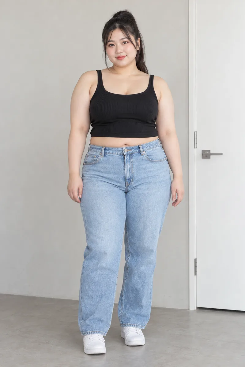 plus-size, full round face, thick soft upper arms, wide waist with a soft full belly, thick thighsで生成した例（2枚目）