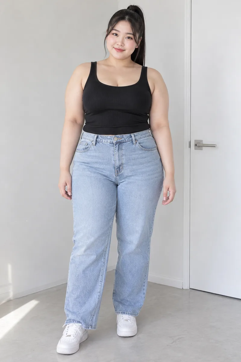 plus-size, full round face, thick soft upper arms, wide waist with a soft full belly, thick thighsで生成した例（3枚目）