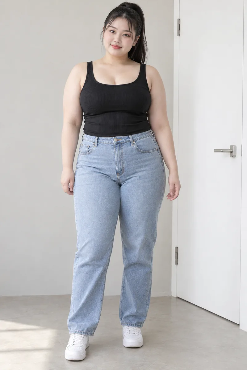 plus-size, full round face, thick soft upper arms, wide waist with a soft full belly, thick thighsで生成した例（4枚目）