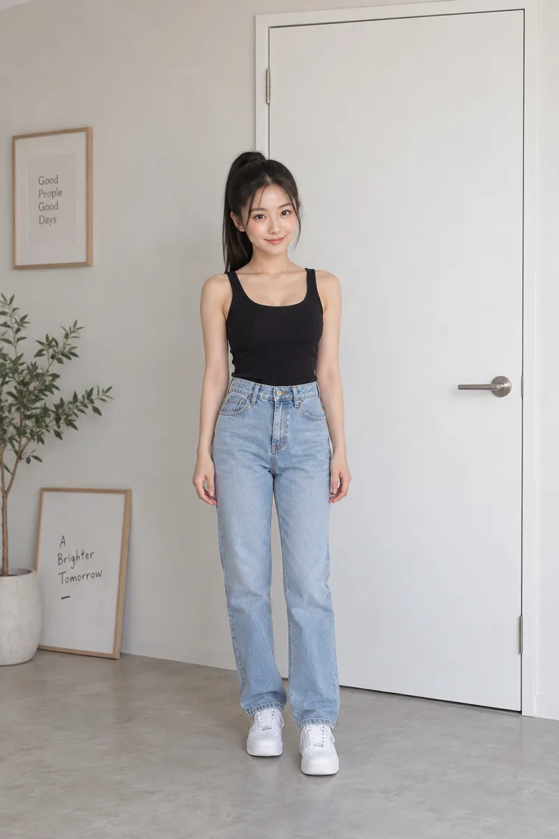 short and small in stature, the top of her head reaching only about three-quarters of the door heightで生成した例（2枚目）