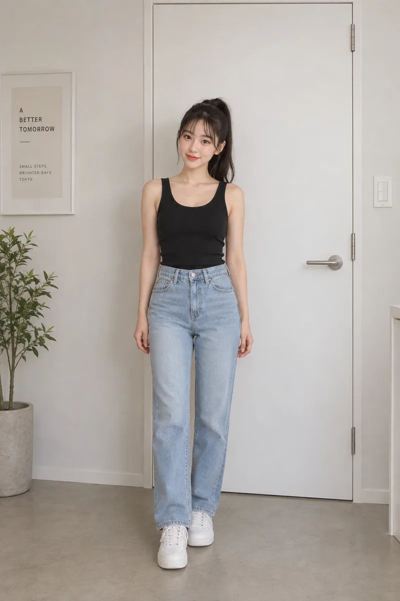 short and small in stature, the top of her head reaching only about three-quarters of the door heightで生成した例（3枚目）
