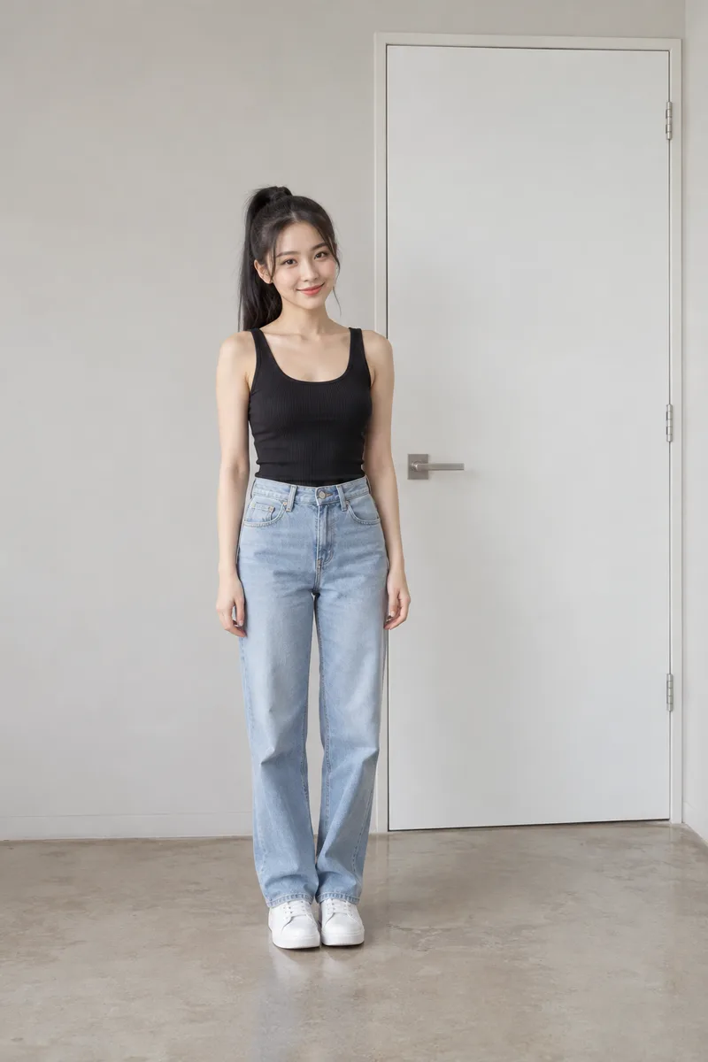 short and small in stature, the top of her head reaching only about three-quarters of the door heightで生成した例（4枚目）