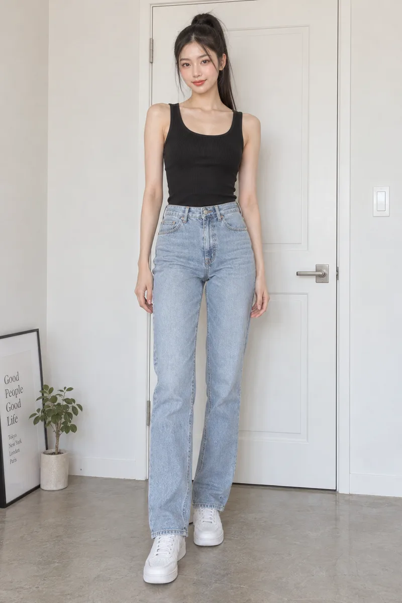 very tall with long legs, the top of her head close to the top of the door frameで生成した例（2枚目）