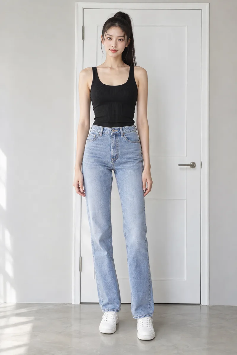 very tall with long legs, the top of her head close to the top of the door frameで生成した例（3枚目）