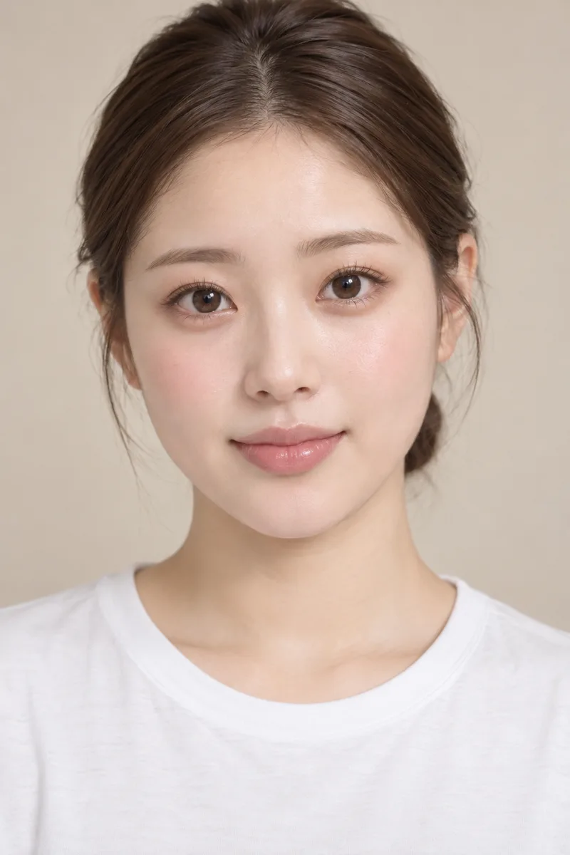 baby face, round soft face with full rosy cheeks, big round eyes set slightly wide apart, soft rounded eyebrows, short small nose, small plump lips, small rounded chin, cute innocent lookで生成した例（2枚目）