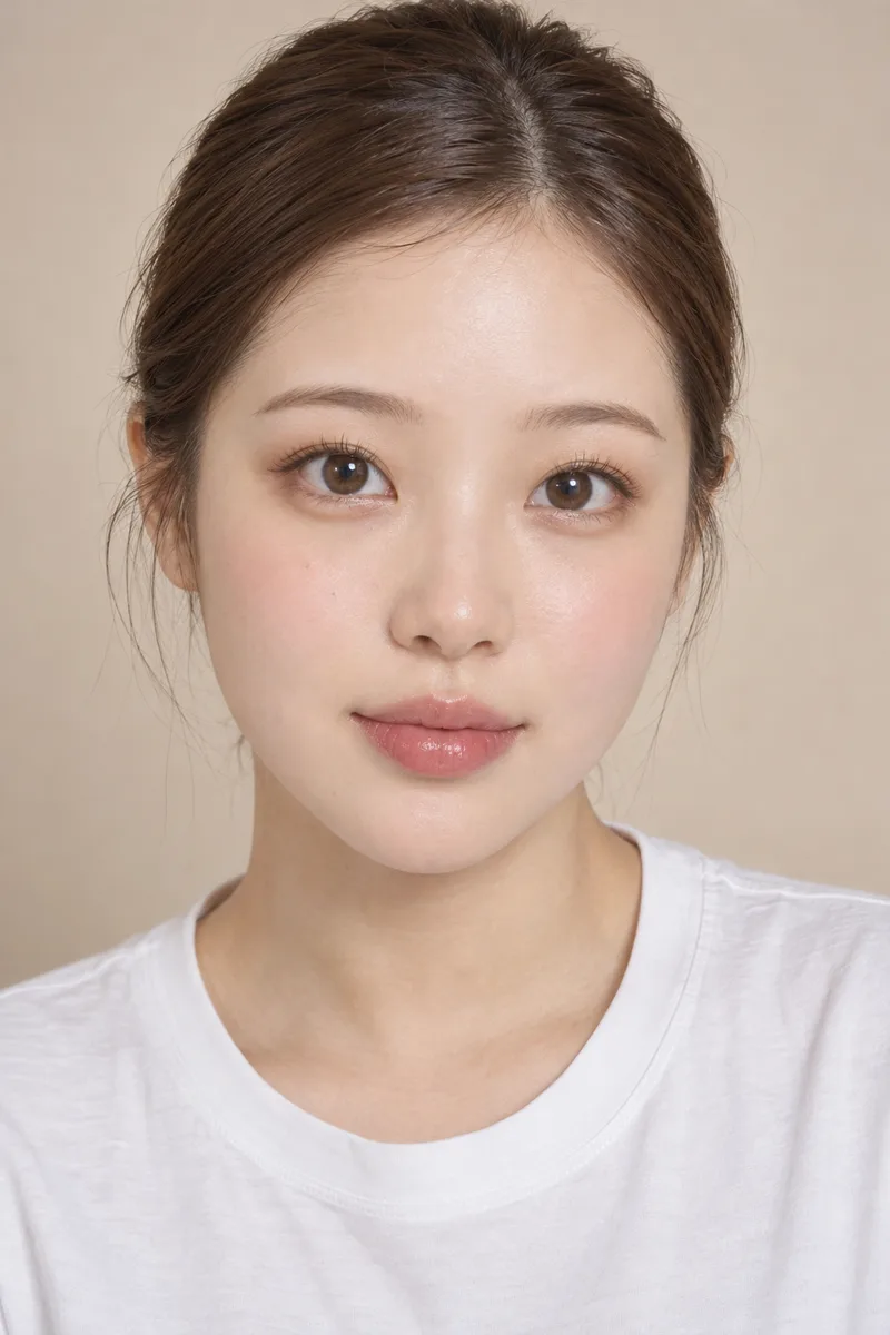 baby face, round soft face with full rosy cheeks, big round eyes set slightly wide apart, soft rounded eyebrows, short small nose, small plump lips, small rounded chin, cute innocent lookで生成した例（3枚目）