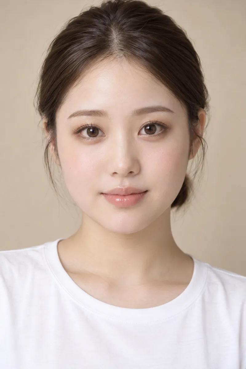 baby face, round soft face with full rosy cheeks, big round eyes set slightly wide apart, soft rounded eyebrows, short small nose, small plump lips, small rounded chin, cute innocent lookで生成した例（4枚目）