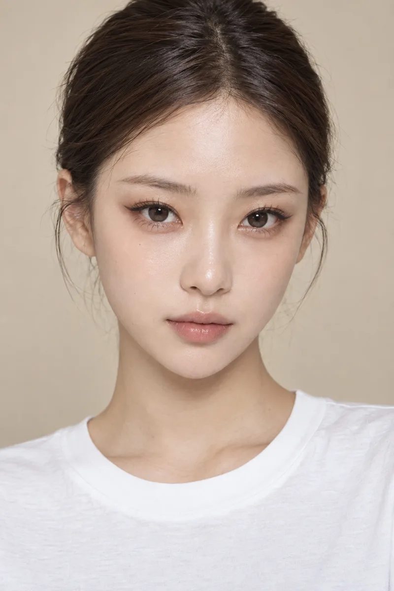 cat-like face, large upturned cat eyes with sharp lifted outer corners and big dark irises, short straight eyebrows, compact small face with a tiny pointed chin, small upturned nose, small lips, aloof cool lookで生成した例（2枚目）