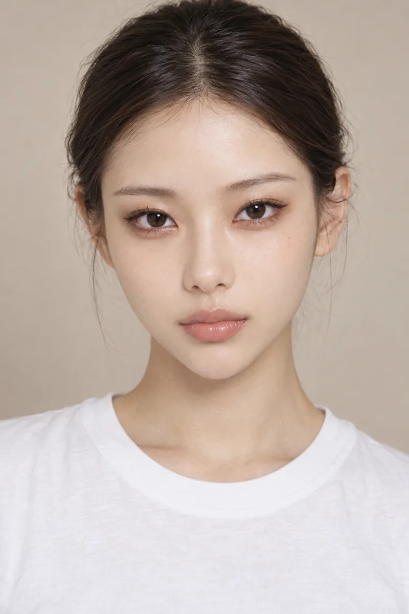 cat-like face, large upturned cat eyes with sharp lifted outer corners and big dark irises, short straight eyebrows, compact small face with a tiny pointed chin, small upturned nose, small lips, aloof cool lookで生成した例（3枚目）