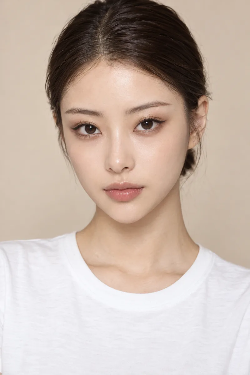 cat-like face, large upturned cat eyes with sharp lifted outer corners and big dark irises, short straight eyebrows, compact small face with a tiny pointed chin, small upturned nose, small lips, aloof cool lookで生成した例（4枚目）