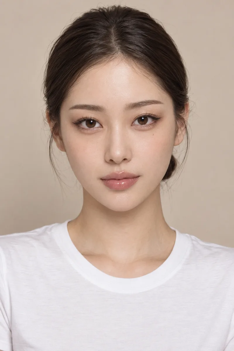 cat-like face, upturned almond eyes with sharp lifted outer corners, straight defined brows, small sharp V-shaped jawline, small full lipsで生成した例（1枚目）