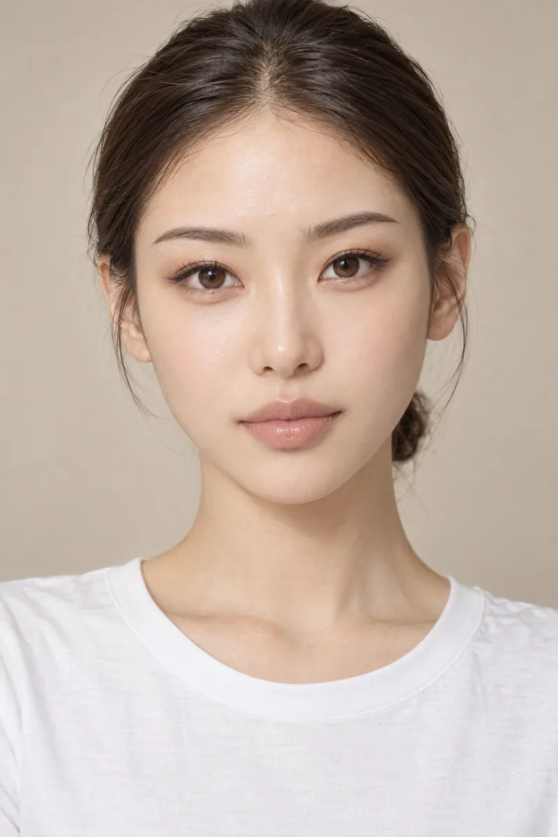 cat-like face, upturned almond eyes with sharp lifted outer corners, straight defined brows, small sharp V-shaped jawline, small full lipsで生成した例（2枚目）