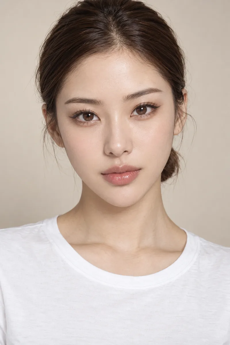 cat-like face, upturned almond eyes with sharp lifted outer corners, straight defined brows, small sharp V-shaped jawline, small full lipsで生成した例（3枚目）