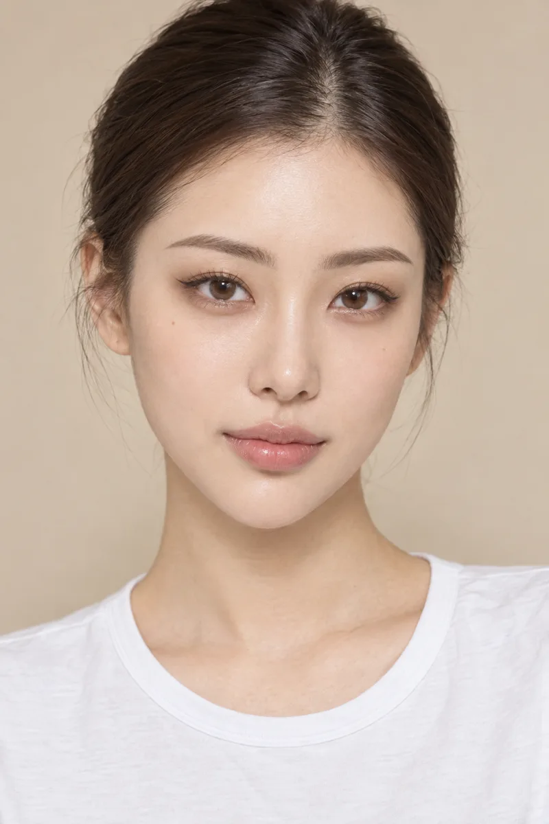 cat-like face, upturned almond eyes with sharp lifted outer corners, straight defined brows, small sharp V-shaped jawline, small full lipsで生成した例（4枚目）