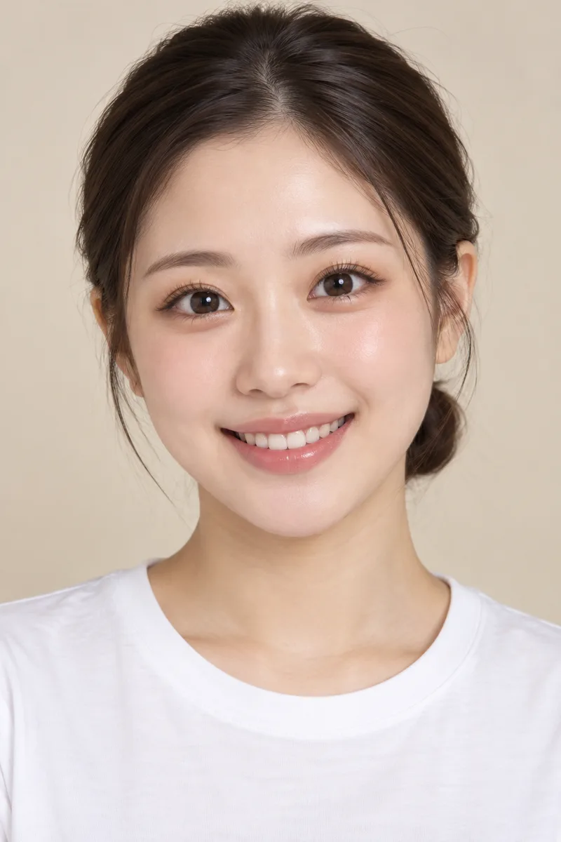 puppy-like face, big round wide-open dark eyes with downturned outer corners, soft round cheeks, short rounded nose, lips curled into a wide happy smile showing upper teeth, playful friendly lookで生成した例（2枚目）