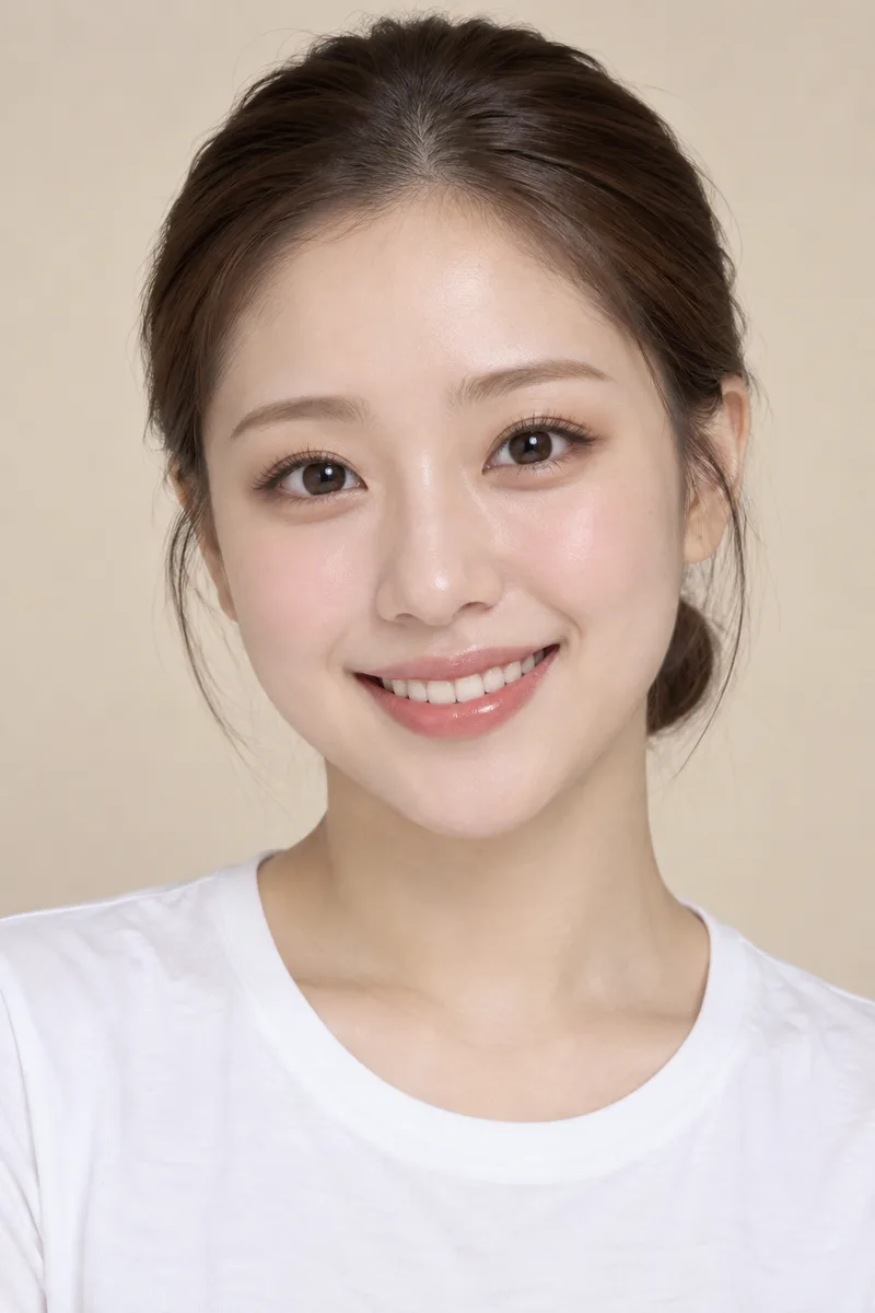 puppy-like face, big round wide-open dark eyes with downturned outer corners, soft round cheeks, short rounded nose, lips curled into a wide happy smile showing upper teeth, playful friendly lookで生成した例（3枚目）