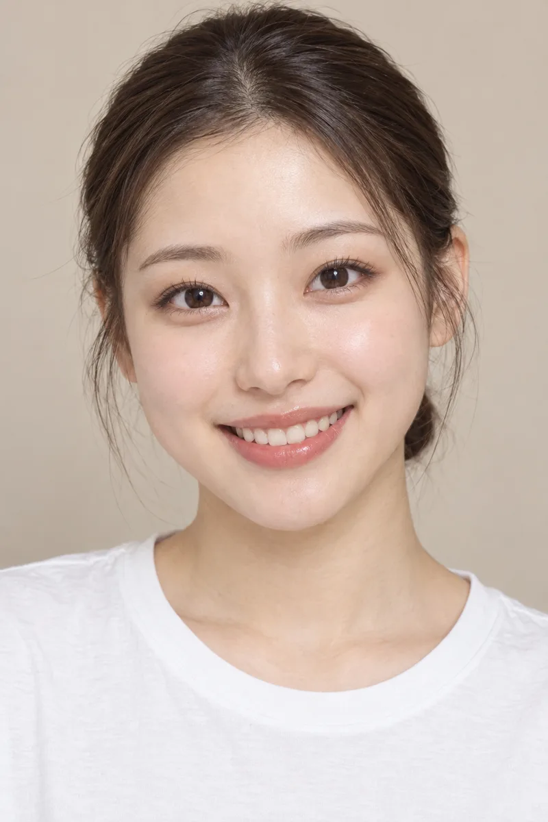 puppy-like face, big round wide-open dark eyes with downturned outer corners, soft round cheeks, short rounded nose, lips curled into a wide happy smile showing upper teeth, playful friendly lookで生成した例（4枚目）