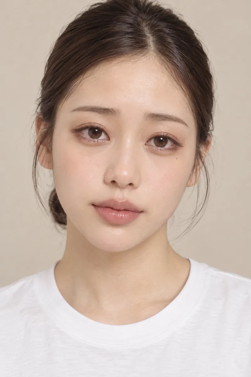droopy eyes, strongly downturned tareme eyes, the outer corners of the eyes drooping clearly below the inner corners, brown eyeliner drawn downward past the outer corners, eyebrows slanting slightly downward at the outer ends, soft gentle innocent lookで生成した例（2枚目）
