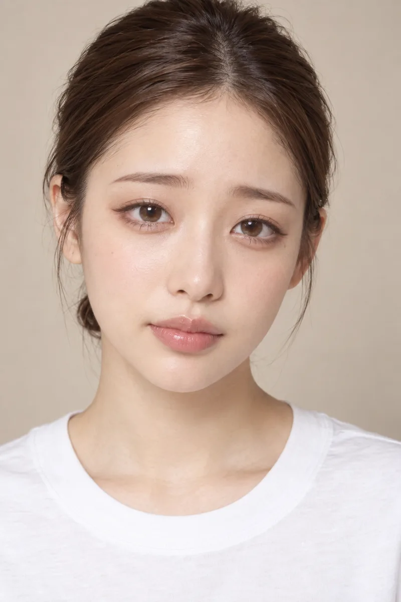 droopy eyes, strongly downturned tareme eyes, the outer corners of the eyes drooping clearly below the inner corners, brown eyeliner drawn downward past the outer corners, eyebrows slanting slightly downward at the outer ends, soft gentle innocent lookで生成した例（3枚目）