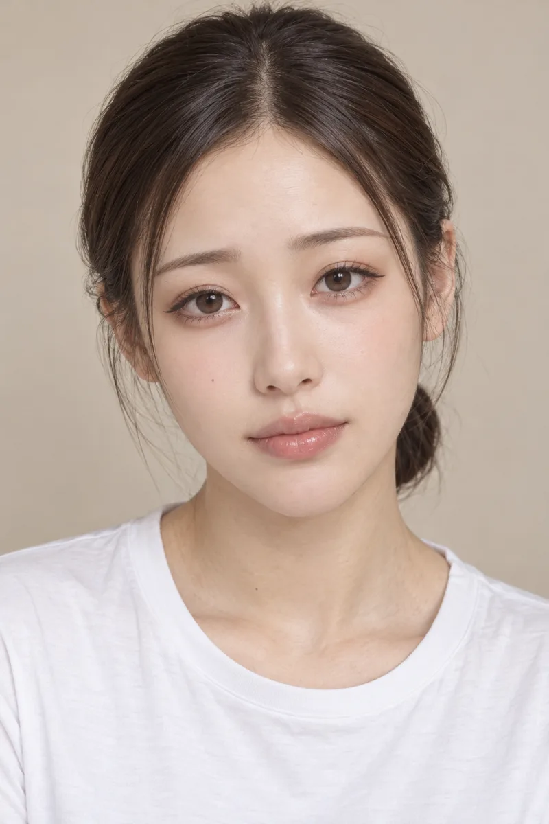 droopy eyes, strongly downturned tareme eyes, the outer corners of the eyes drooping clearly below the inner corners, brown eyeliner drawn downward past the outer corners, eyebrows slanting slightly downward at the outer ends, soft gentle innocent lookで生成した例（4枚目）