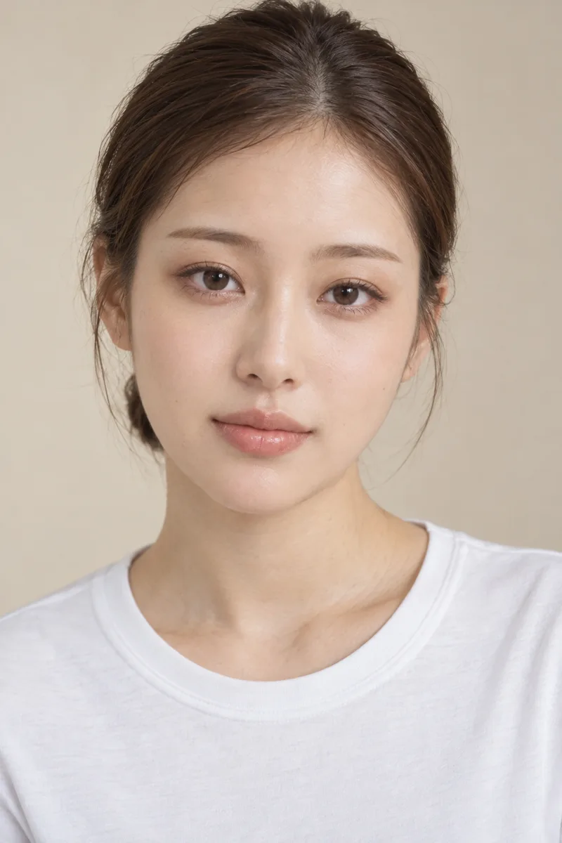 droopy eyes, gently downturned eye shape with the outer corners of the eyes sitting lower than the inner corners, soft gentle gaze, eyes fully openで生成した例（1枚目）
