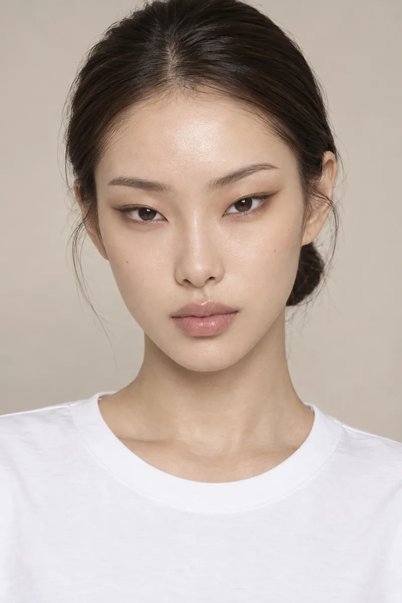very long narrow horizontal eyes, sharp elongated outer corners extending far toward the temples, slim single-lidded eye shape, cool sharp gaze, high-fashion runway model lookで生成した例（2枚目）