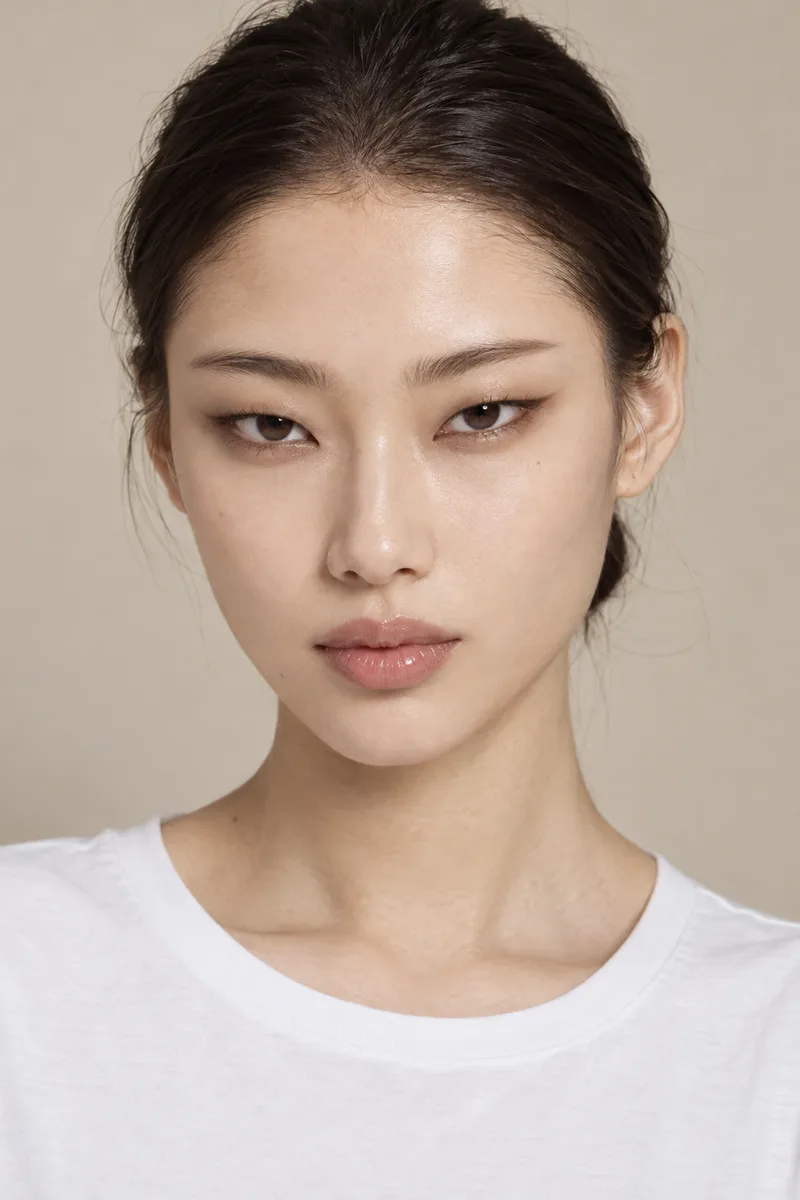 very long narrow horizontal eyes, sharp elongated outer corners extending far toward the temples, slim single-lidded eye shape, cool sharp gaze, high-fashion runway model lookで生成した例（3枚目）