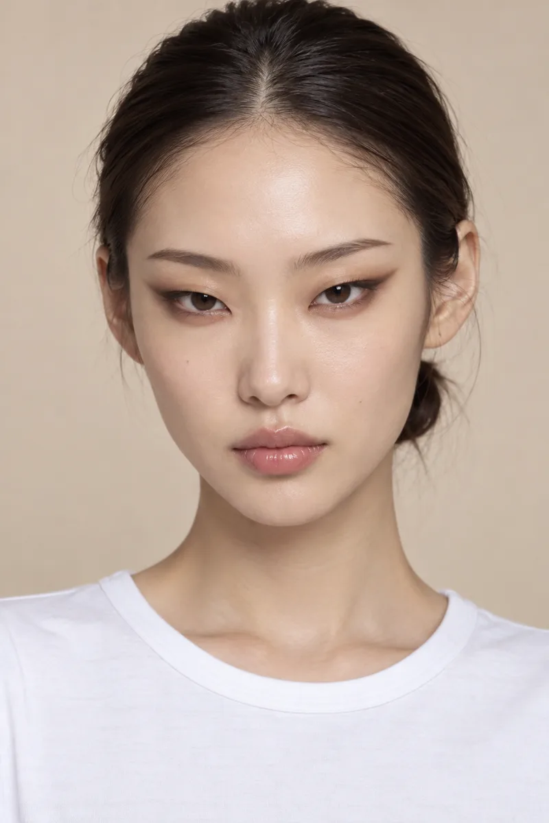 very long narrow horizontal eyes, sharp elongated outer corners extending far toward the temples, slim single-lidded eye shape, cool sharp gaze, high-fashion runway model lookで生成した例（4枚目）