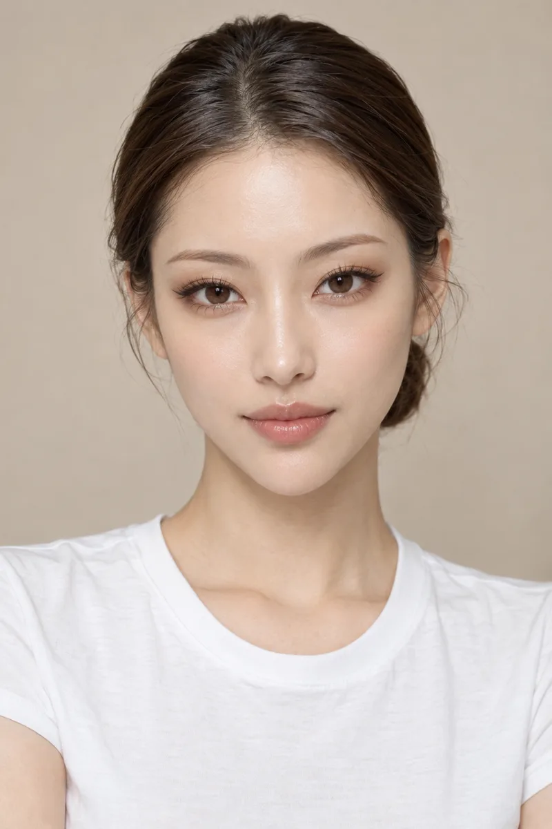fox-like face, narrow upturned eyes with long lifted outer corners, slender straight nose, small face tapering to a sharp pointed chinで生成した例（4枚目）