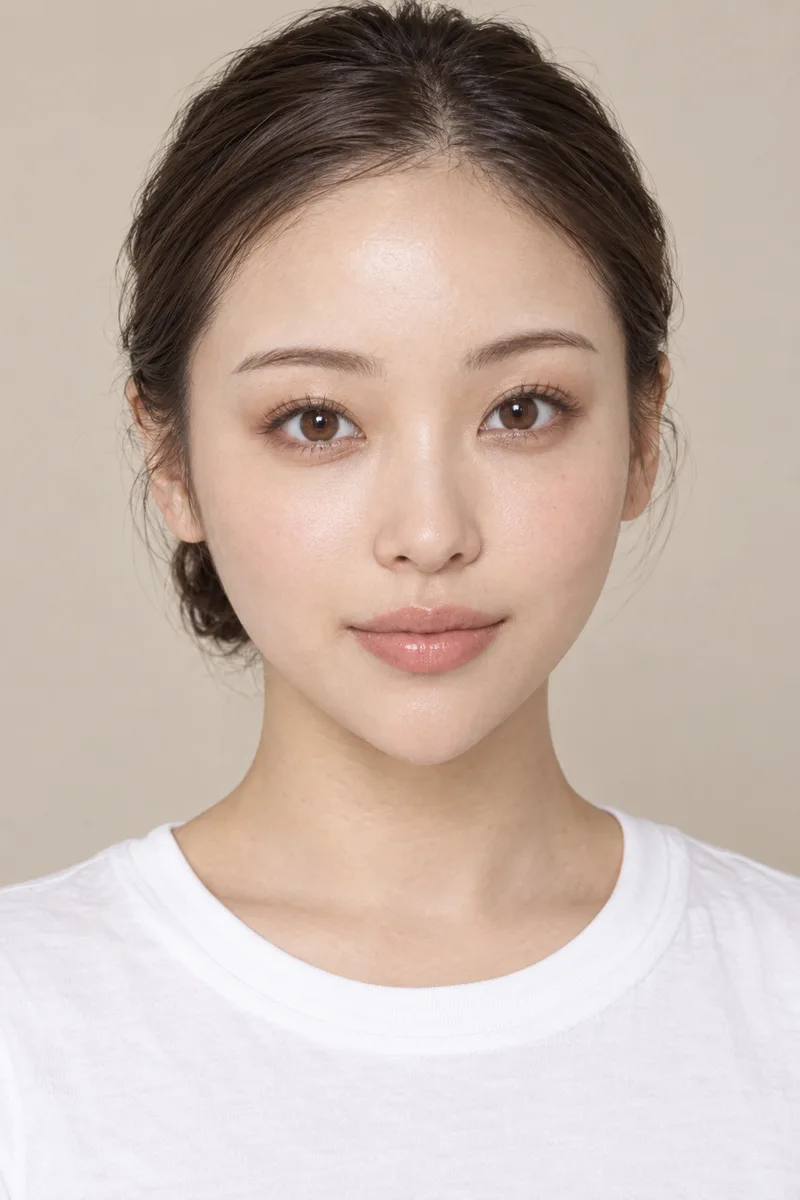 heart-shaped face, wide forehead and full wide cheeks tapering sharply down to a small narrow pointed chinで生成した例（2枚目）