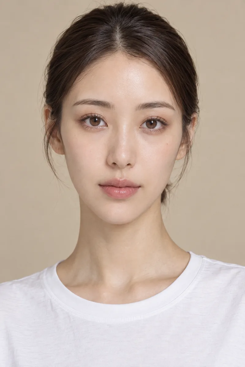 long face shape, slim narrow face clearly longer than it is wide, long straight jawline and long slender chin, narrow cheeks, natural realistic proportionsで生成した例（2枚目）