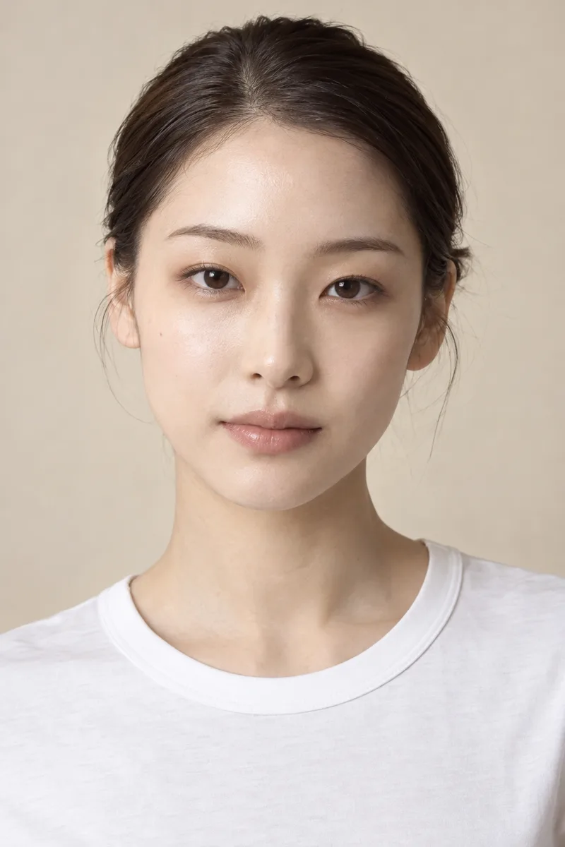 subtle understated features, thin straight brows, narrow single-lidded eyes, small low-bridged nose, thin lips, light delicate clean lookで生成した例（1枚目）