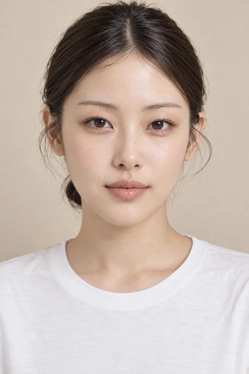 subtle understated features, thin straight brows, narrow single-lidded eyes, small low-bridged nose, thin lips, light delicate clean lookで生成した例（2枚目）