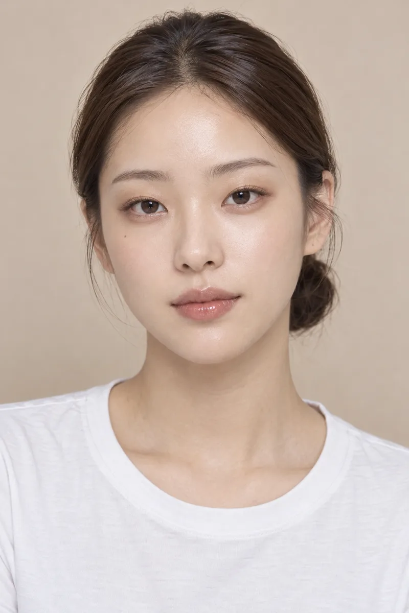 subtle understated features, thin straight brows, narrow single-lidded eyes, small low-bridged nose, thin lips, light delicate clean lookで生成した例（3枚目）
