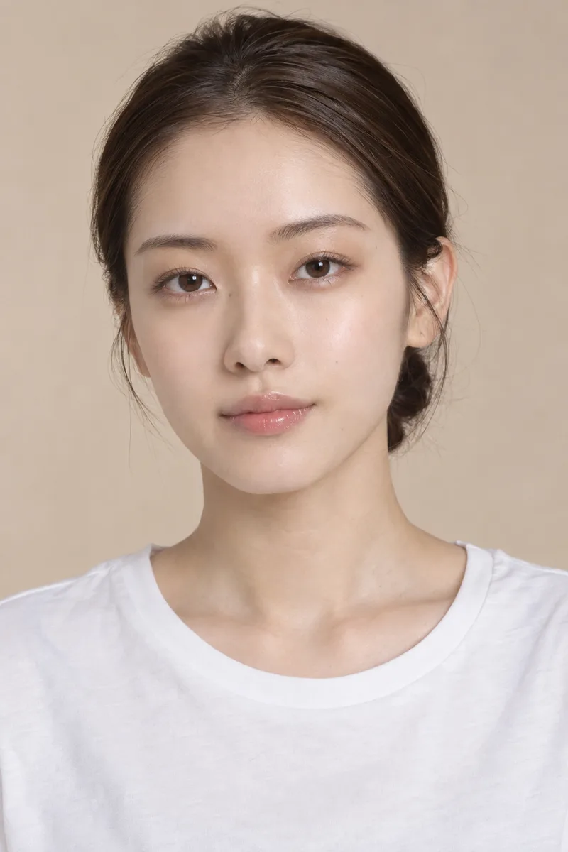 subtle understated features, thin straight brows, narrow single-lidded eyes, small low-bridged nose, thin lips, light delicate clean lookで生成した例（4枚目）