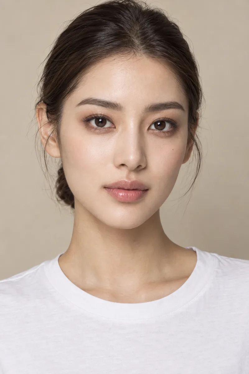 bold strong facial features, big deep-set eyes with deep double eyelids, thick strong brows, high nose bridge, full lips, defined bone structureで生成した例（1枚目）