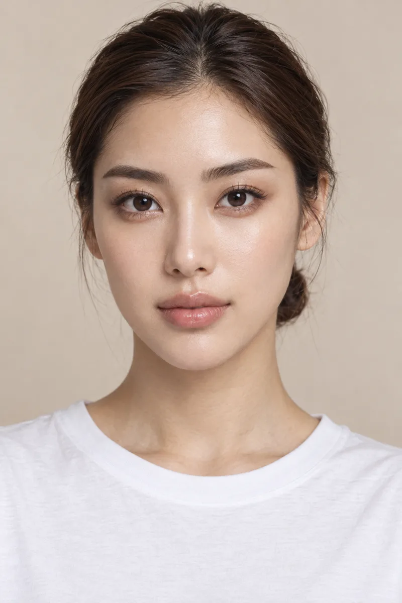 bold strong facial features, big deep-set eyes with deep double eyelids, thick strong brows, high nose bridge, full lips, defined bone structureで生成した例（2枚目）