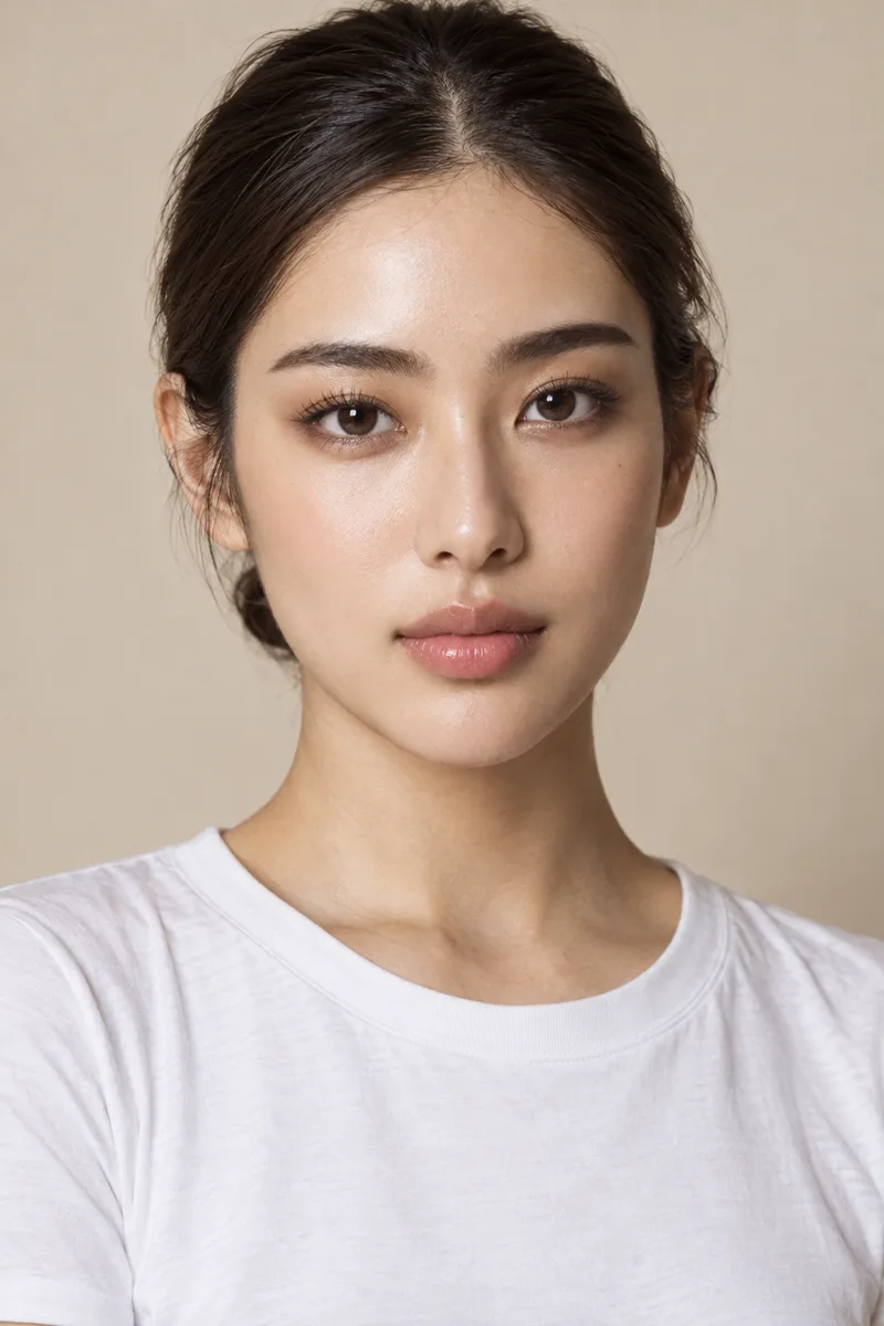 bold strong facial features, big deep-set eyes with deep double eyelids, thick strong brows, high nose bridge, full lips, defined bone structureで生成した例（3枚目）