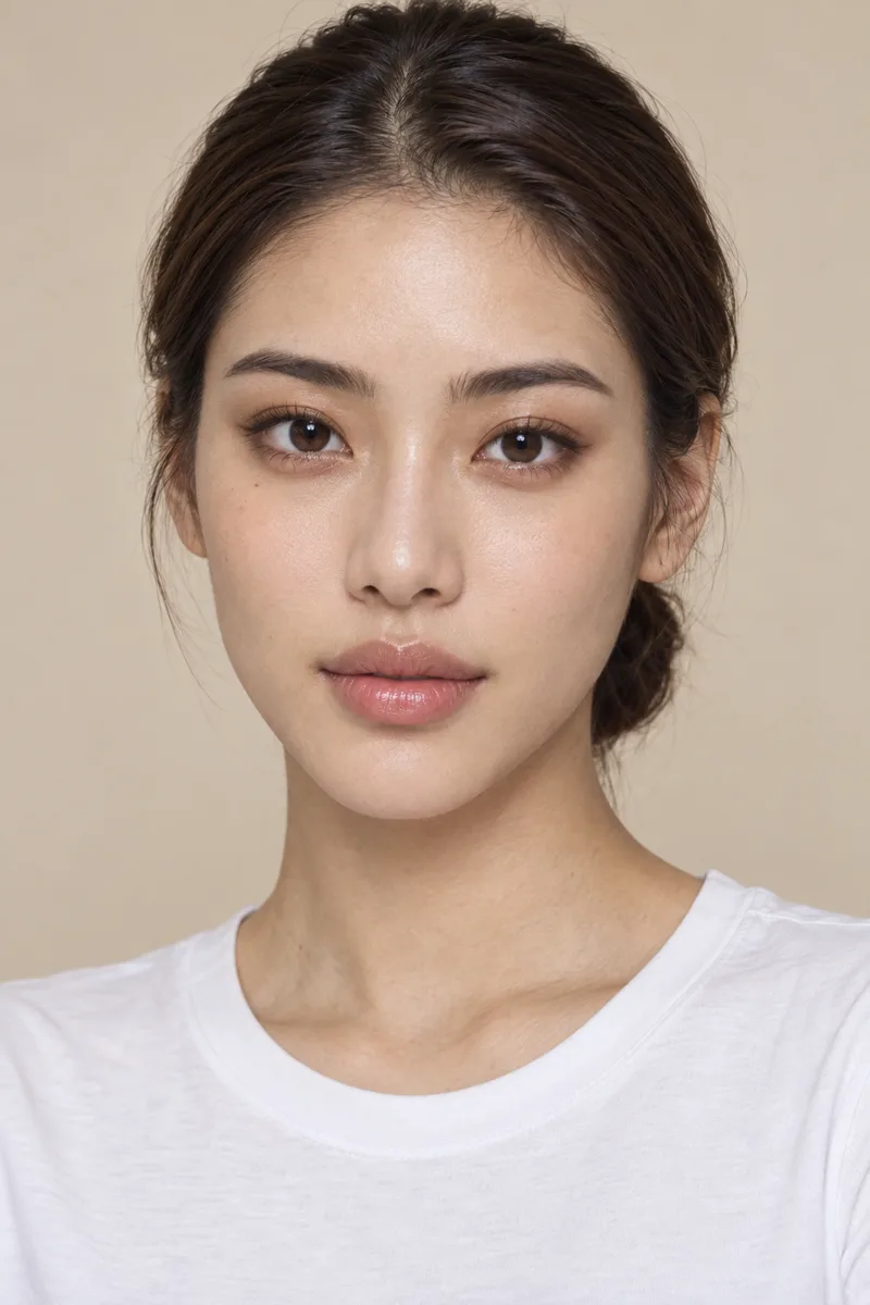bold strong facial features, big deep-set eyes with deep double eyelids, thick strong brows, high nose bridge, full lips, defined bone structureで生成した例（4枚目）